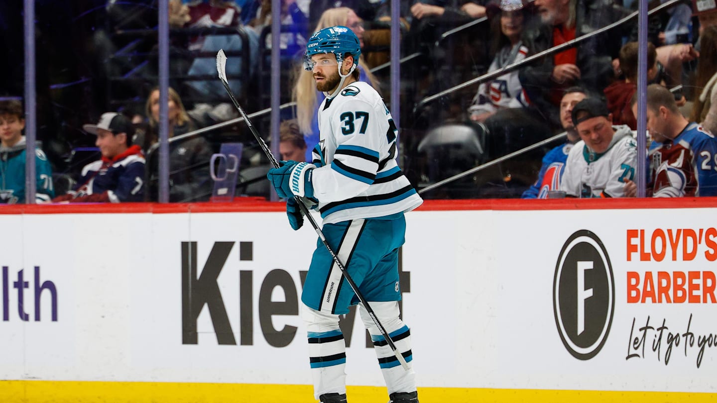 Feb 4, 2026; Denver, Colorado, USA; San Jose Sharks defenseman Timothy Liljegren (37) after scoring a goal in the third period against the Colorado Avalanche at Ball Arena. Mandatory Credit: Isaiah J. Downing-Imagn Images