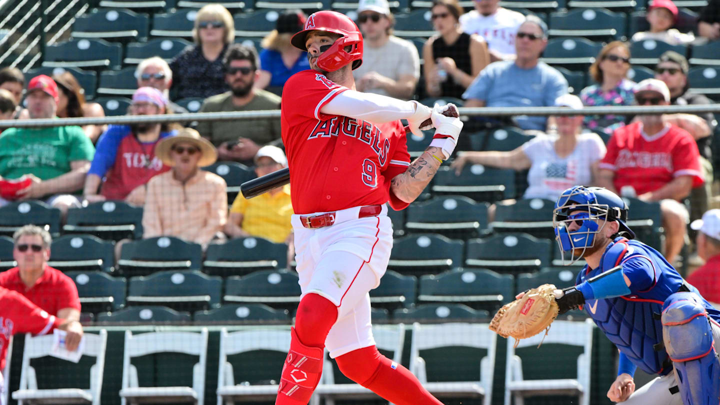 Feb 23, 2026; Tempe, Arizona, USA;  Los Angeles Angels shortstop Zach Neto (9) singles in the first inning against the Texas Rangers during a spring training game at Tempe Diablo Stadium. Mandatory Credit: Matt Kartozian-Imagn Images