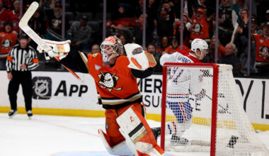 Mar 6, 2026; Anaheim, California, USA;  Anaheim Ducks goaltender Lukas Dostal (1) reacts after blocking a shot by Montreal Canadiens center Oliver Kapanen (91) during a shootout at Honda Center. Mandatory Credit: Kiyoshi Mio-Imagn Images