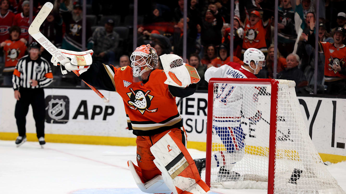 Mar 6, 2026; Anaheim, California, USA;  Anaheim Ducks goaltender Lukas Dostal (1) reacts after blocking a shot by Montreal Canadiens center Oliver Kapanen (91) during a shootout at Honda Center. Mandatory Credit: Kiyoshi Mio-Imagn Images