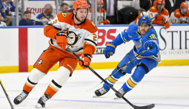 Dec 1, 2025; St. Louis, Missouri, USA; Anaheim Ducks center Mason McTavish (23) controls the puck against the St. Louis Blues during the third period at Enterprise Center. Mandatory Credit: Jeff Curry-Imagn Images