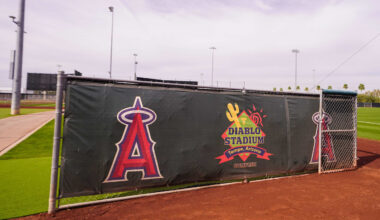 Feb 11, 2026; Tempe, AZ, USA;  Los Angeles Angels stadium during pitchers and catchers workouts at Tempe Diablo Stadium in Tempe Arizona. Mandatory Credit: Arianna Grainey-Imagn Images