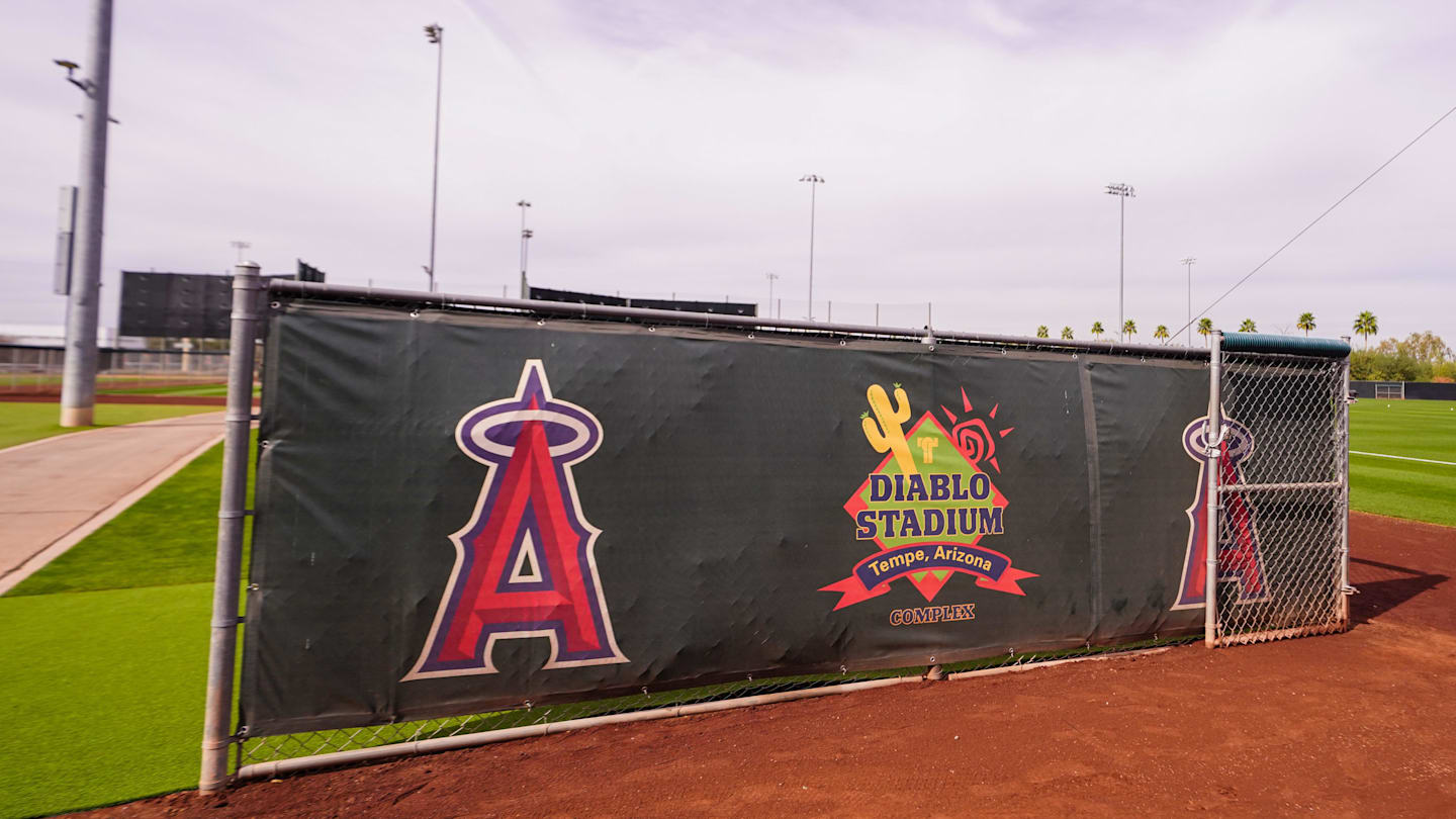 Feb 11, 2026; Tempe, AZ, USA;  Los Angeles Angels stadium during pitchers and catchers workouts at Tempe Diablo Stadium in Tempe Arizona. Mandatory Credit: Arianna Grainey-Imagn Images