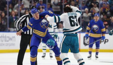 Mar 10, 2026; Buffalo, New York, USA;  Buffalo Sabres defenseman Logan Stanley (64) and San Jose Sharks center Zack Ostapchuk (63) fight during the first period at KeyBank Center. Mandatory Credit: Timothy T. Ludwig-Imagn Images
