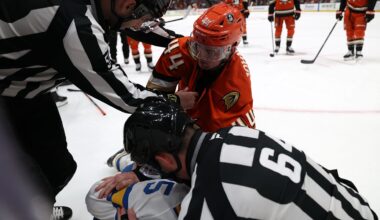 Mar 8, 2026; Anaheim, California, USA;  Referees separated Anaheim Ducks left wing Ross Johnston (44) and St. Louis Blues defenseman Tyler Tucker (75) after fighting during the second period at Honda Center. Mandatory Credit: Kiyoshi Mio-Imagn Images