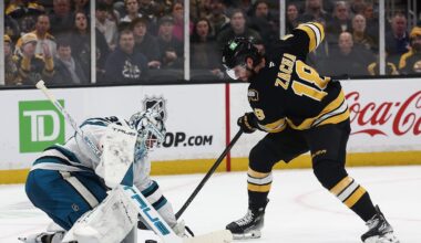 Mar 12, 2026; Boston, Massachusetts, USA; Boston Bruins center Pavel Zacha (18) tries to get to a rebound in front of San Jose Sharks goaltender Alex Nedeljkovic (33) during the second period at TD Garden. Mandatory Credit: Winslow Townson-Imagn Images