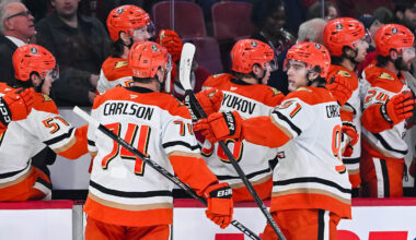 Mar 15, 2026; Montreal, Quebec, CAN; Anaheim Ducks center Leo Carlsson (91) celebrates with his teammates his goal against the Montreal Canadiens during the first period at Bell Centre. Mandatory Credit: David Kirouac-Imagn Images