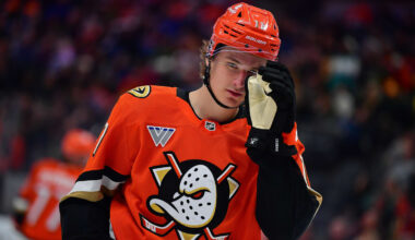 Apr 7, 2025; Anaheim, California, USA; Anaheim Ducks center Trevor Zegras (11) during the second period at Honda Center. Mandatory Credit: Gary A. Vasquez-Imagn Images