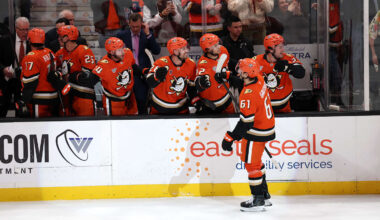 Feb 25, 2026; Anaheim, California, USA;  Anaheim Ducks left wing Cutter Gauthier (61) celebrates with his teammates after scoring a goal during the third period against the Edmonton Oilers at Honda Center. Mandatory Credit: Kiyoshi Mio-Imagn Images