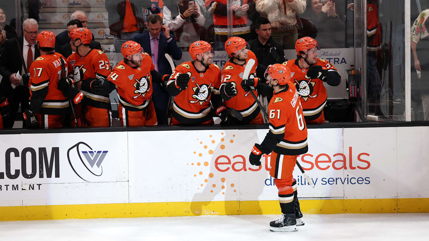 Feb 25, 2026; Anaheim, California, USA;  Anaheim Ducks left wing Cutter Gauthier (61) celebrates with his teammates after scoring a goal during the third period against the Edmonton Oilers at Honda Center. Mandatory Credit: Kiyoshi Mio-Imagn Images