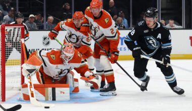 Mar 20, 2026; Salt Lake City, Utah, USA; Anaheim Ducks goaltender Lukas Dostal (1) protects the net against the Utah Mammoth during the second period at Delta Center. Mandatory Credit: Rob Gray-Imagn Images