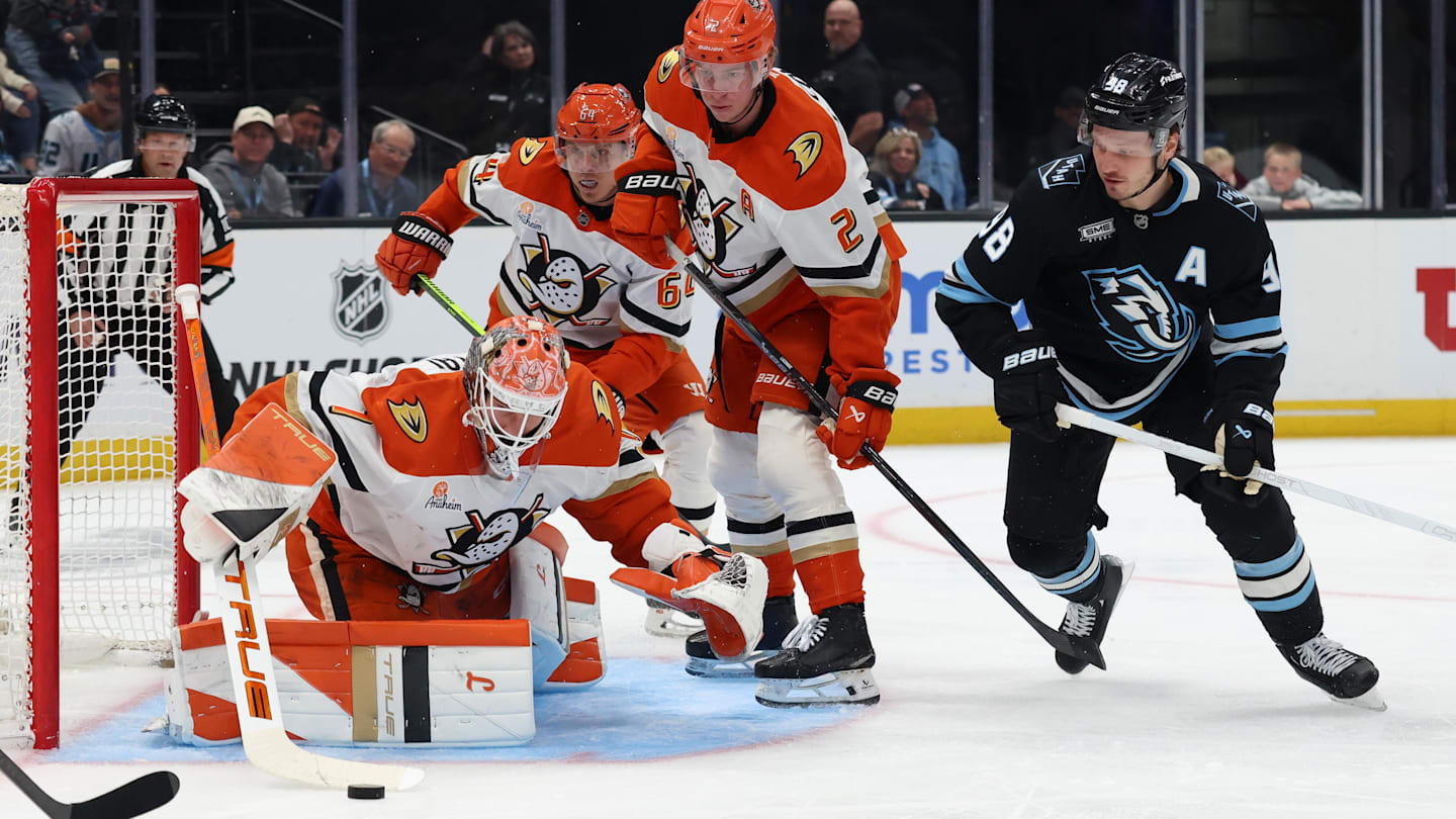 Mar 20, 2026; Salt Lake City, Utah, USA; Anaheim Ducks goaltender Lukas Dostal (1) protects the net against the Utah Mammoth during the second period at Delta Center. Mandatory Credit: Rob Gray-Imagn Images