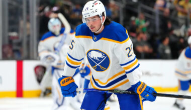 Mar 17, 2026; Las Vegas, Nevada, USA; Buffalo Sabres defenseman Owen Power (25) warms up before a game against the Vegas Golden Knights at T-Mobile Arena. Mandatory Credit: Stephen R. Sylvanie-Imagn Images