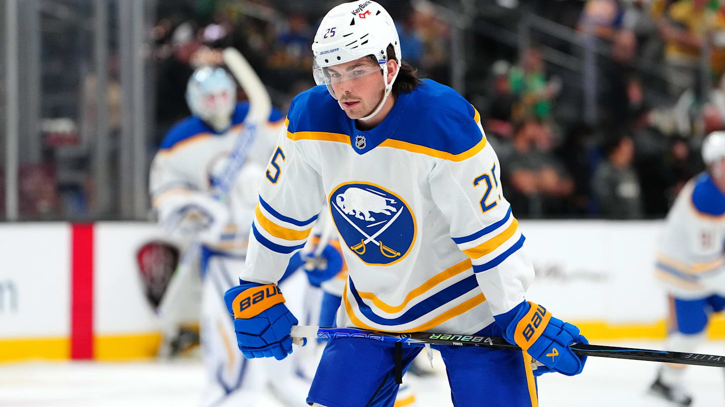 Mar 17, 2026; Las Vegas, Nevada, USA; Buffalo Sabres defenseman Owen Power (25) warms up before a game against the Vegas Golden Knights at T-Mobile Arena. Mandatory Credit: Stephen R. Sylvanie-Imagn Images