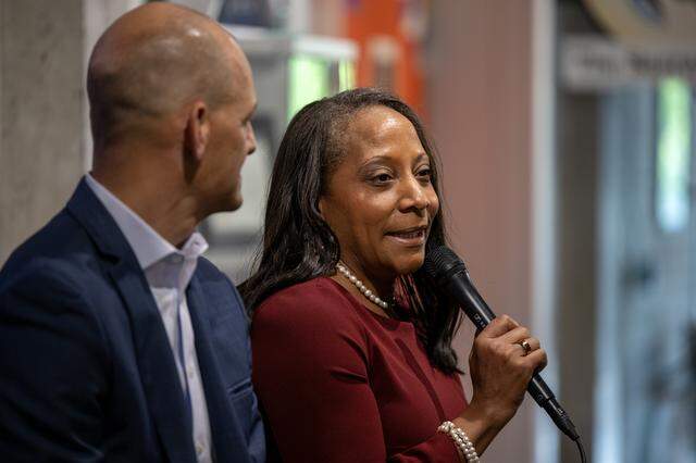 Sacramento City Manager Maraskeshia Smith answers a question during The Sacramento Bee’s Q&A event with Mayor Kevin McCarty in the newsroom on Thursday.