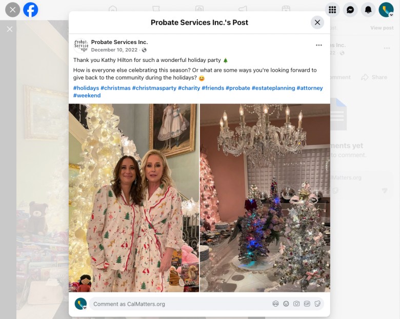 Two people in festive pajamas stand in front of a brightly lit Christmas tree beside wrapped gifts; a second image shows a decorated holiday table with small lit trees and a chandelier overhead.