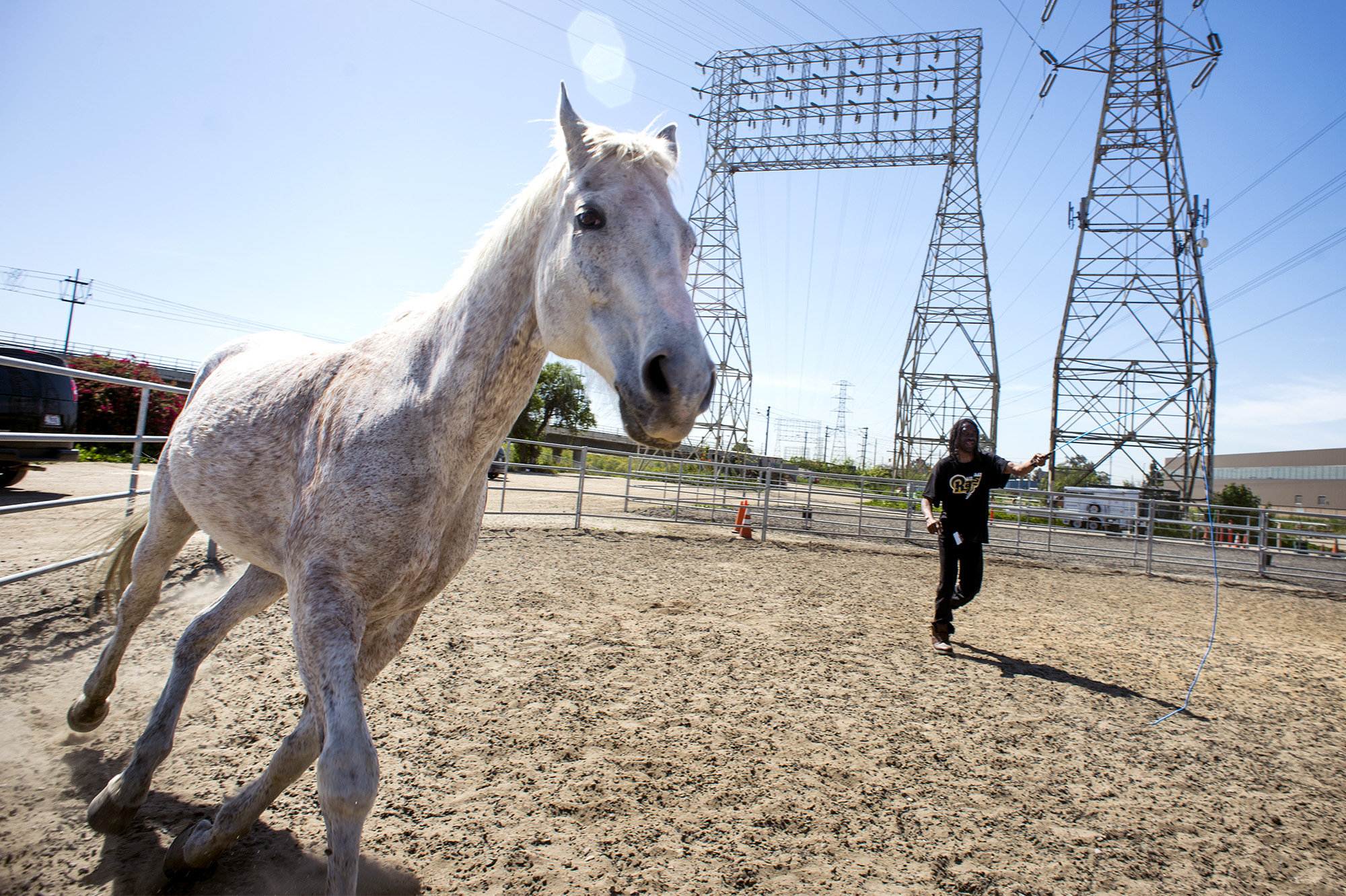 A U.S. Marine Corps veteran receives horsemanship lessons from Joan...