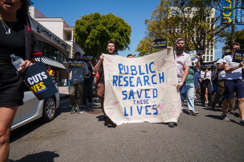 A group of protesters march down a street holding signs and a large banner reading “PUBLIC RESEARCH SAVED THESE LIVES,” with handwritten names surrounding the text. Other participants carry black and yellow signs that say “KILL THE CUTS SAVE LIVES.” The demonstration appears to be taking place near UCLA, as indicated by a campus banner visible in the background.