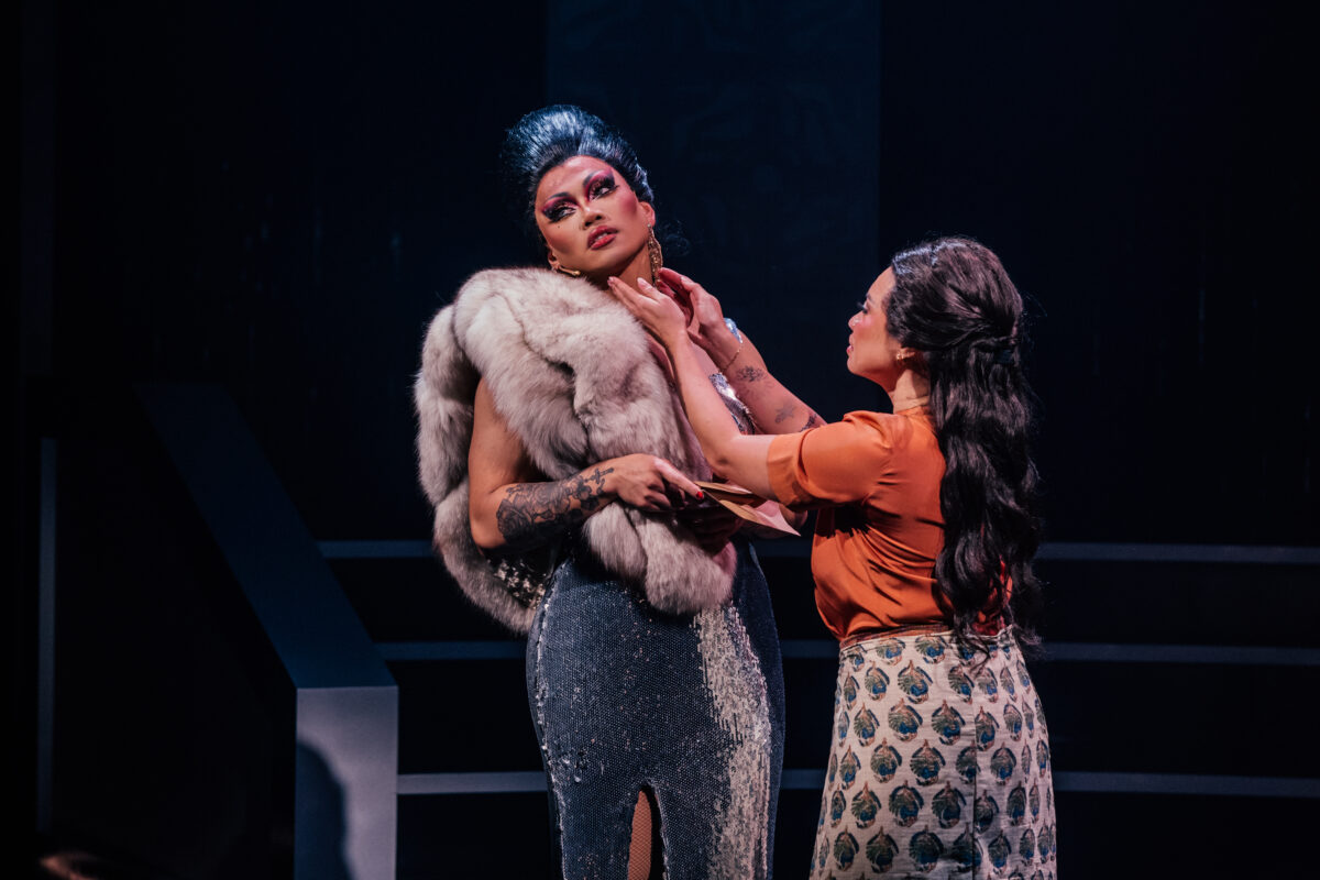 Aura Mayari and
Carol Angeli in
HERE LIES LOVE at the
Mark Taper Forum.