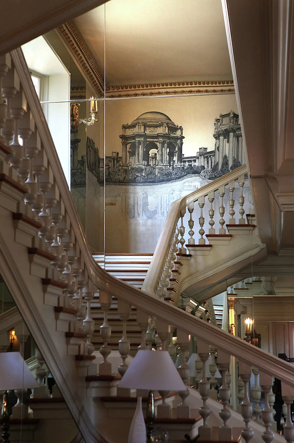 A hand sketched drawing of the Palace of Fine Arts at the top of the front stairwell in the Herbst Manor in 2012. (Liz Hafalia / The Chronicle)
