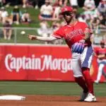 Los Angeles Angels shortstop Zach Neto (9) makes the play against the Cleveland Guardians in the first inning at Tempe Diablo Stadium.