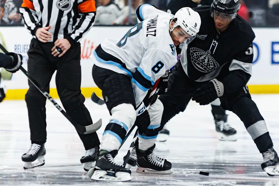 Utah Mammoth center Nick Schultz (#8) wins the face-off during an NHL match against the Los Angeles Kings on March 28, 2026 in Los Angeles, California.
