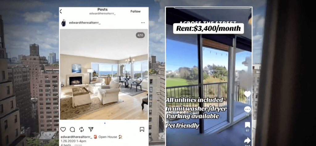 A collage of social media posts, one from Instagram showing a living room with an ocean view and another from TikTok showing a balcony with a city view.