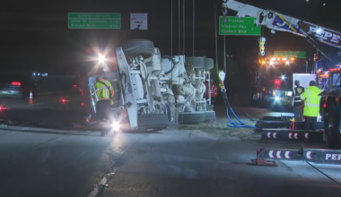 Several lanes on northbound 110 Freeway in Gardena closed after overturned cement truck