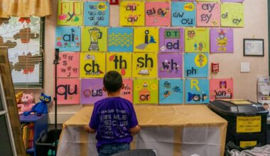 Image of a first-grader looking at a colorful phonetic alphabet on the all