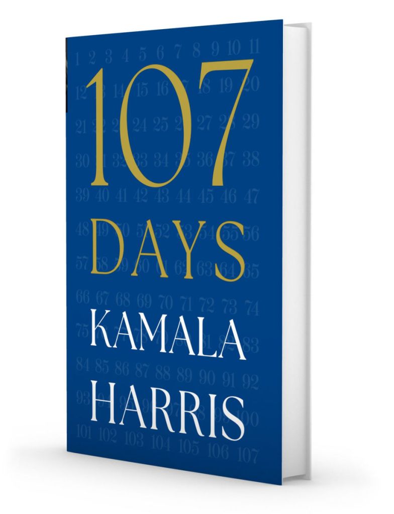 Book cover with "107 Days Kamala Harris" in white and gold text on a blue background, overlaid with smaller numbered grids.