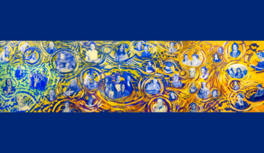 A new mural with approximately 40 portraits, in shades of blue, depicting prominent female faculty, alumnae, staff and friends of UC Berkeley. A swirl of yellow, purple and blue, conveying the the ripple of water, connects the portraits, signifying the way the contributions from women in the past are linked to those of the present and future.