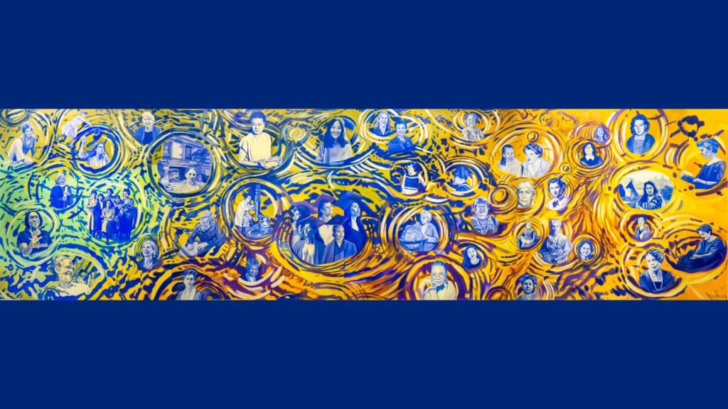 A new mural with approximately 40 portraits, in shades of blue, depicting prominent female faculty, alumnae, staff and friends of UC Berkeley. A swirl of yellow, purple and blue, conveying the the ripple of water, connects the portraits, signifying the way the contributions from women in the past are linked to those of the present and future.