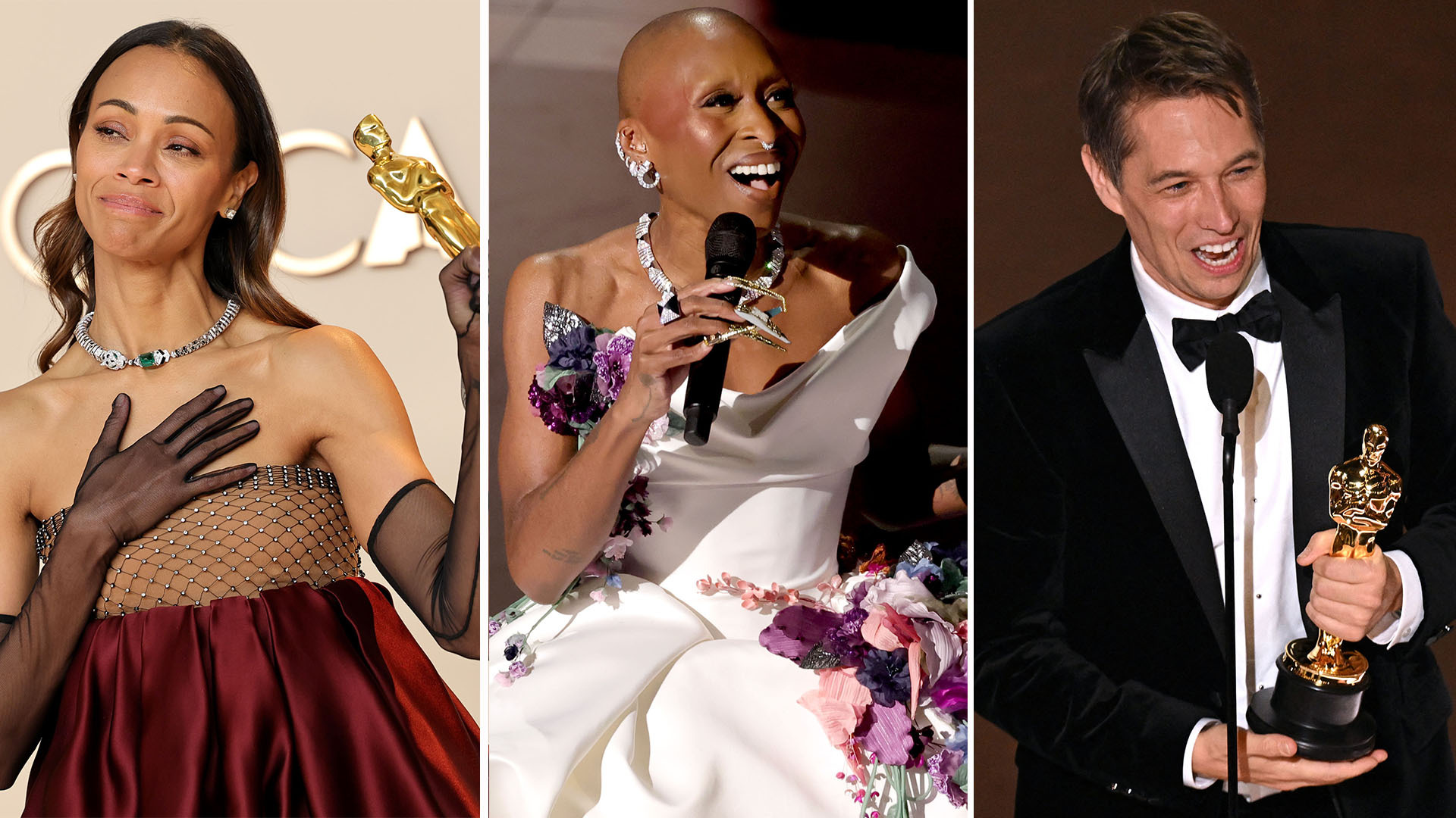 This split image shows Zoe Saldaña, left, Cynthia Erivo, middle, and Sean Baker, right at the Oscars on Sunday, March 2, 2025, at the Dolby Theatre in Los Angeles.