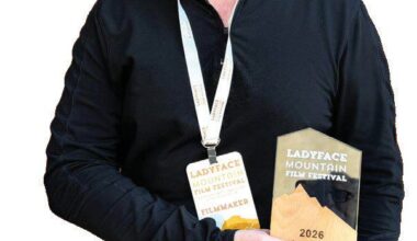 RATED G—Top left, producer Brian Rooney with his winning prize for Best Local Short Doc at the 2026 Ladyface Mountain Film Festival. The film chronicles the lives of three children who grew up, literally, on the old sets of the Fox Movie Ranch near Malibou Lake. Left, a boy plays on the set of the original 1968 film, “Planet of the Apes.” Above, the kids on a Western move set. Photos courtesy Bison Archives and Brian Rooney