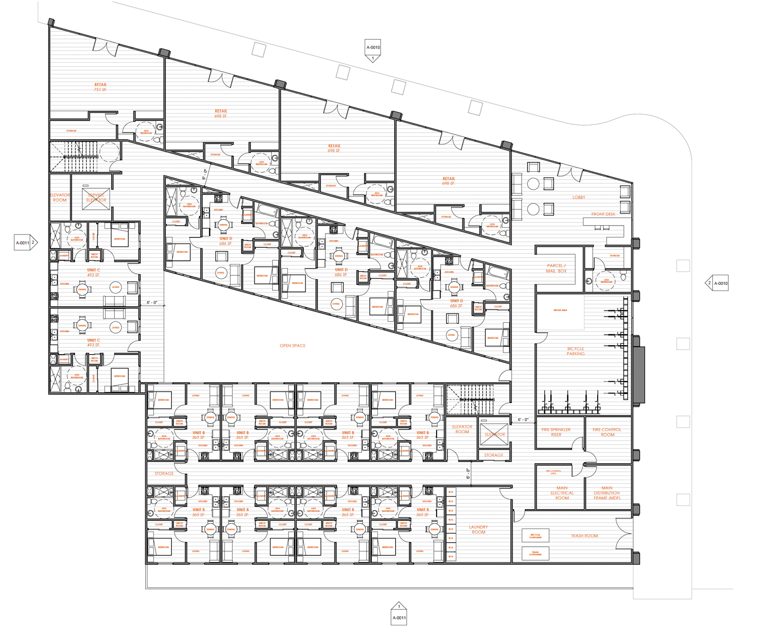 1601 Ocean Avenue first-level floor plan, illustration by 369 Architects