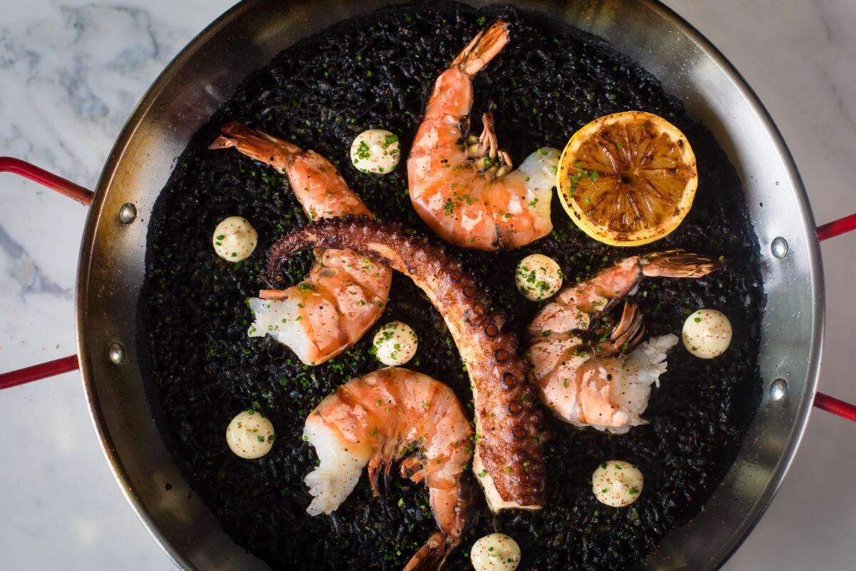 Paella Negera, made with squid ink rice at Top of the V in Anaheim.