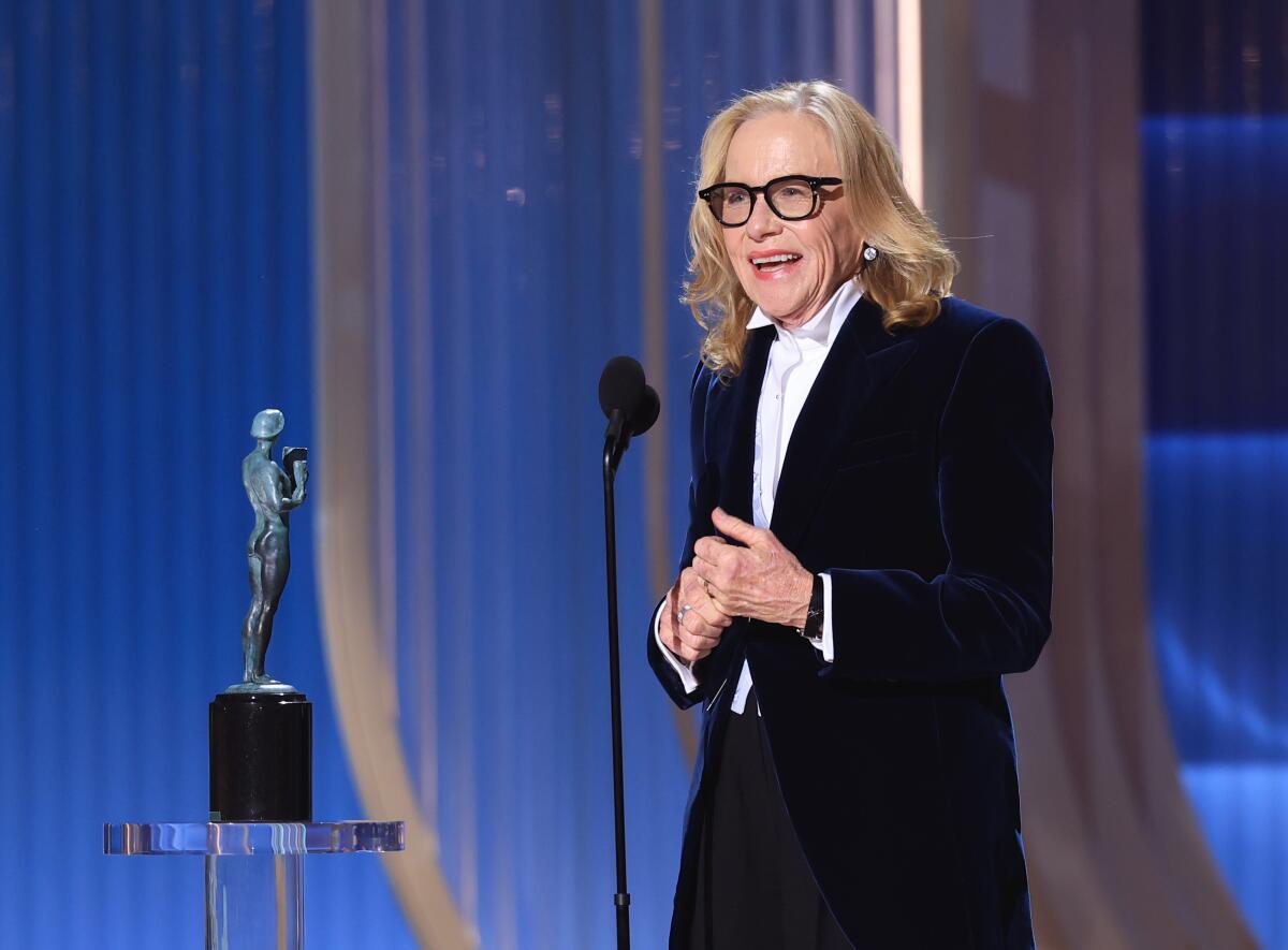 Amy Madigan of "Weapons" accepts the Actor Award for performance by a female actor in a supporting role.