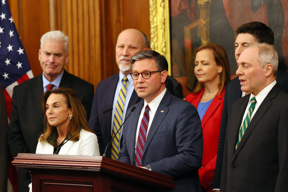  U.S. House Speaker Mike Johnson (R-La.) speaks during a news conference.