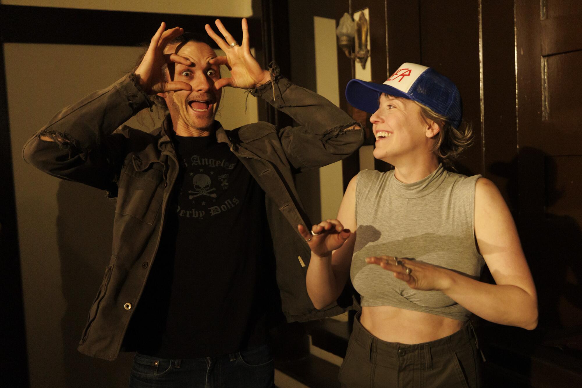 Two friends goof around.