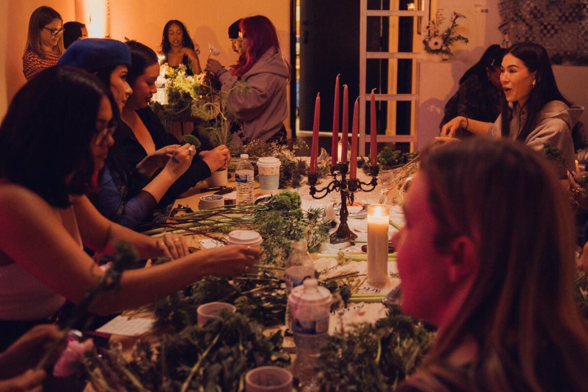 LOS ANGELES, CA -- FEBRUARY 22, 2026: The Flower Hour is a floral design workshop + floral smoke sesh at The ArtClub in downtown. Photographed on Sunday, February 22, 2026. (Jennifer McCord / For The Times)