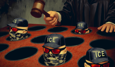Heads wearing "ICE" caps, sunglasses, and camouflage masks pop out of holes on a table, while a person in a judge's robe holds a gavel above them.