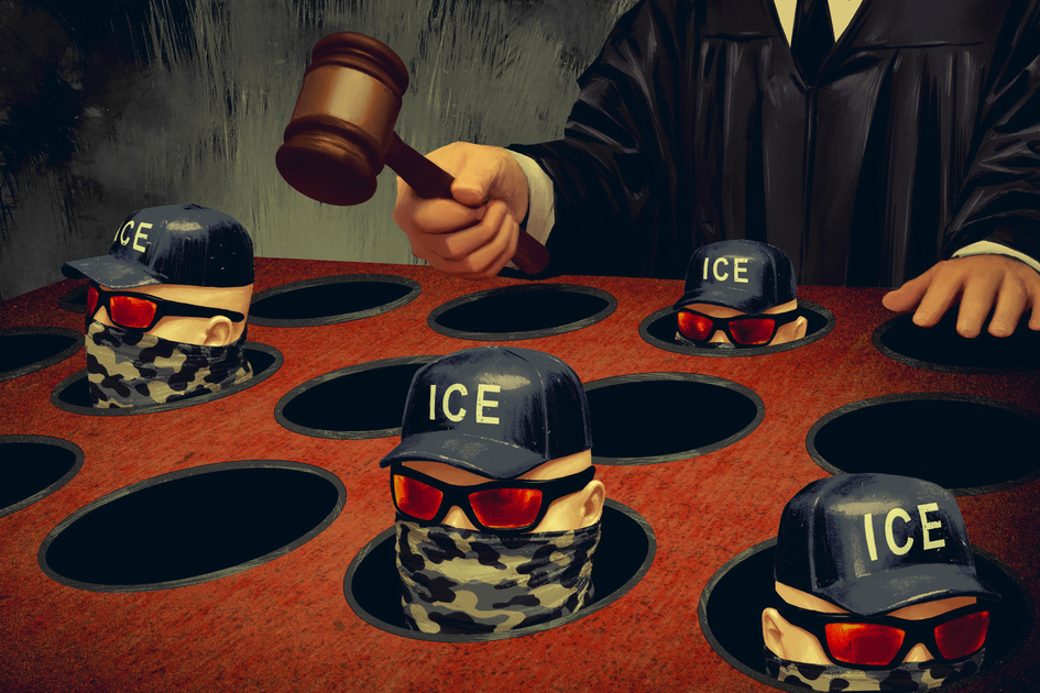 Heads wearing "ICE" caps, sunglasses, and camouflage masks pop out of holes on a table, while a person in a judge's robe holds a gavel above them.