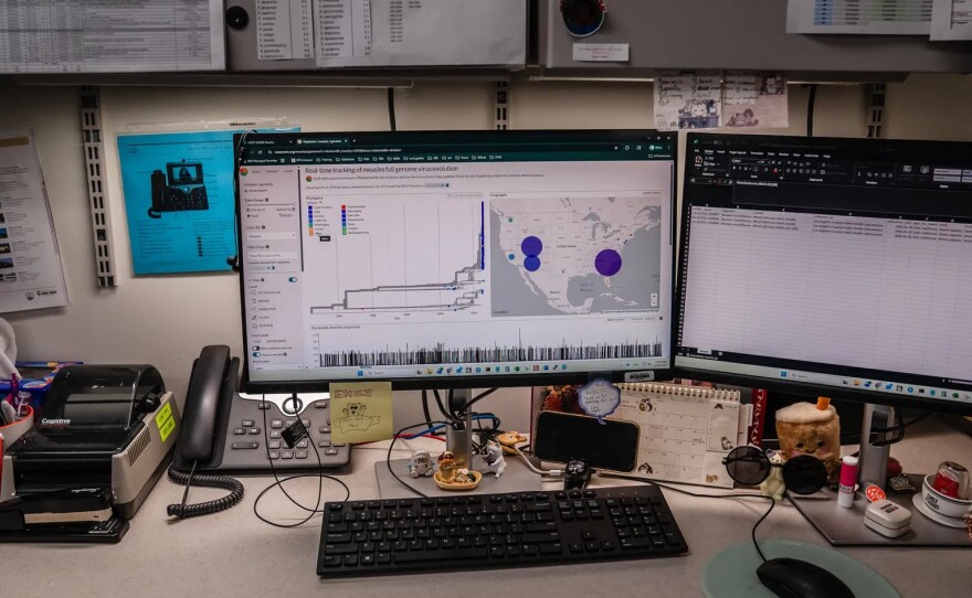 A computer shows an analysis of measles sequencing results at the Los Angeles County Department of Public Health laboratory in Downey on Feb. 26, 2026.