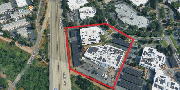 Office and research buildings with addresses that include 1717, 1733, 1745, and 1751 Fox Drive in north San Jose, as shown within the outline. Boundaries are approximate. A Super Micro Computer building is visible in the upper center of the image.(Google Maps)
