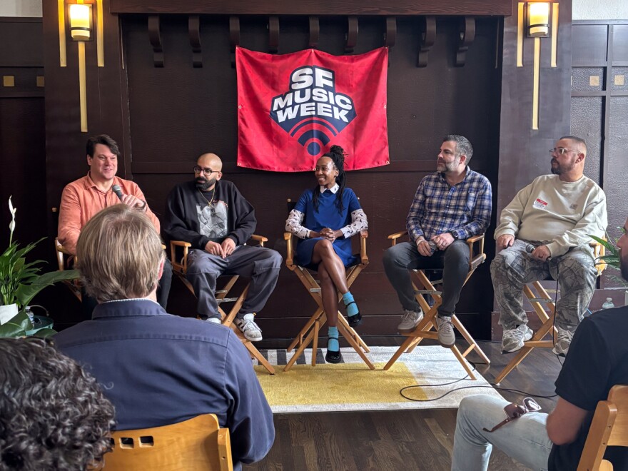 (From Left) White Crate's Elliot Engel, Fault Radio's Mohit Kohli, KALW's Tshego Letsoalo, KEXP's Chris Kellogg, and KPFA's Mike Biggz speak on Bay Area Sounds:The State of Independent Radio, a panel during SF Music Week's Industry Summit.