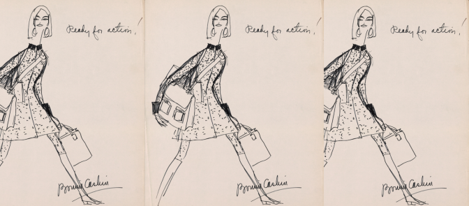 Three identical pen sketches of a woman wearing a dress, carrying a shoulder bag and holding a purse.