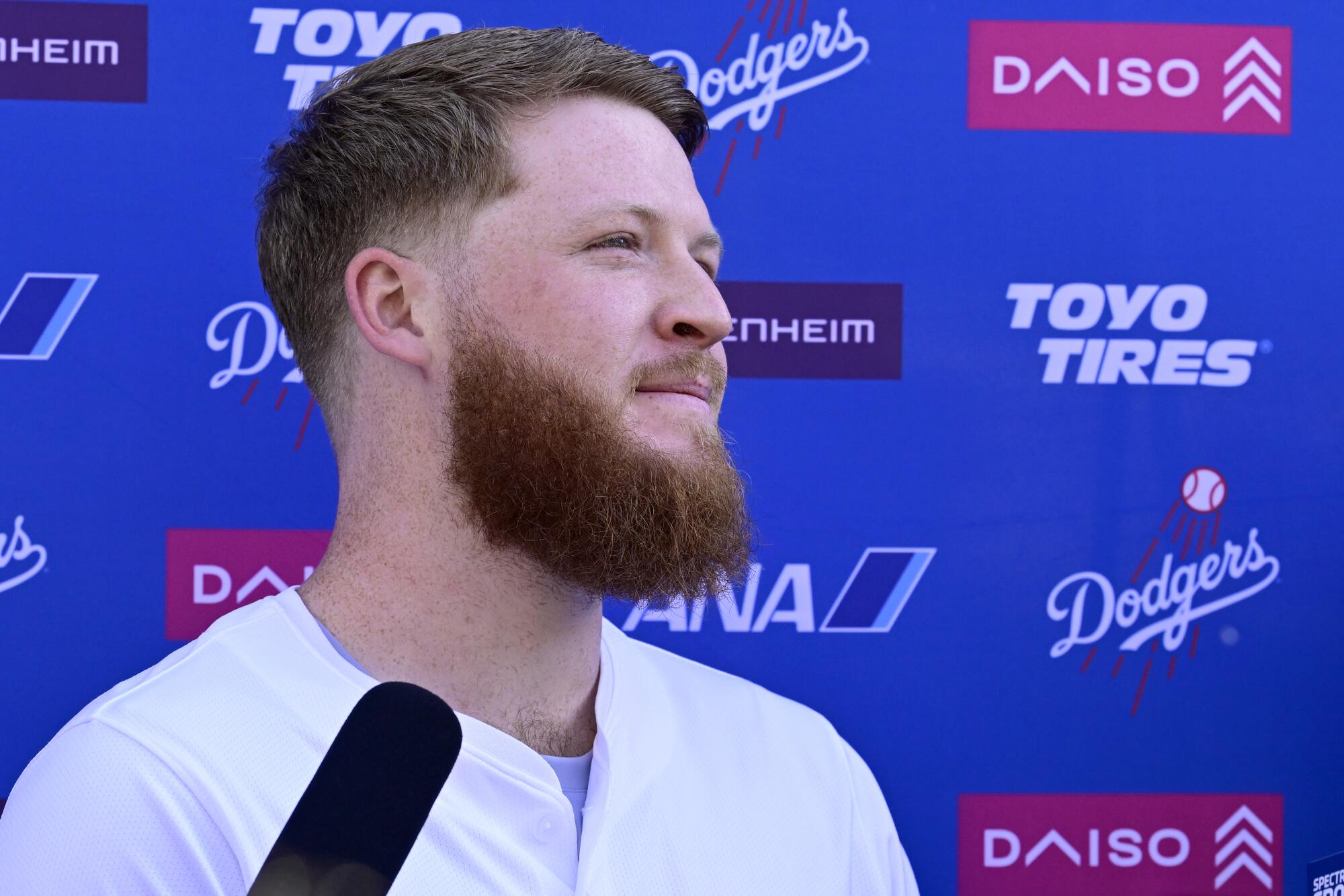 Dodgers pitcher Will Klein speaks during DodgerFest at Dodger Stadium on Jan. 31.