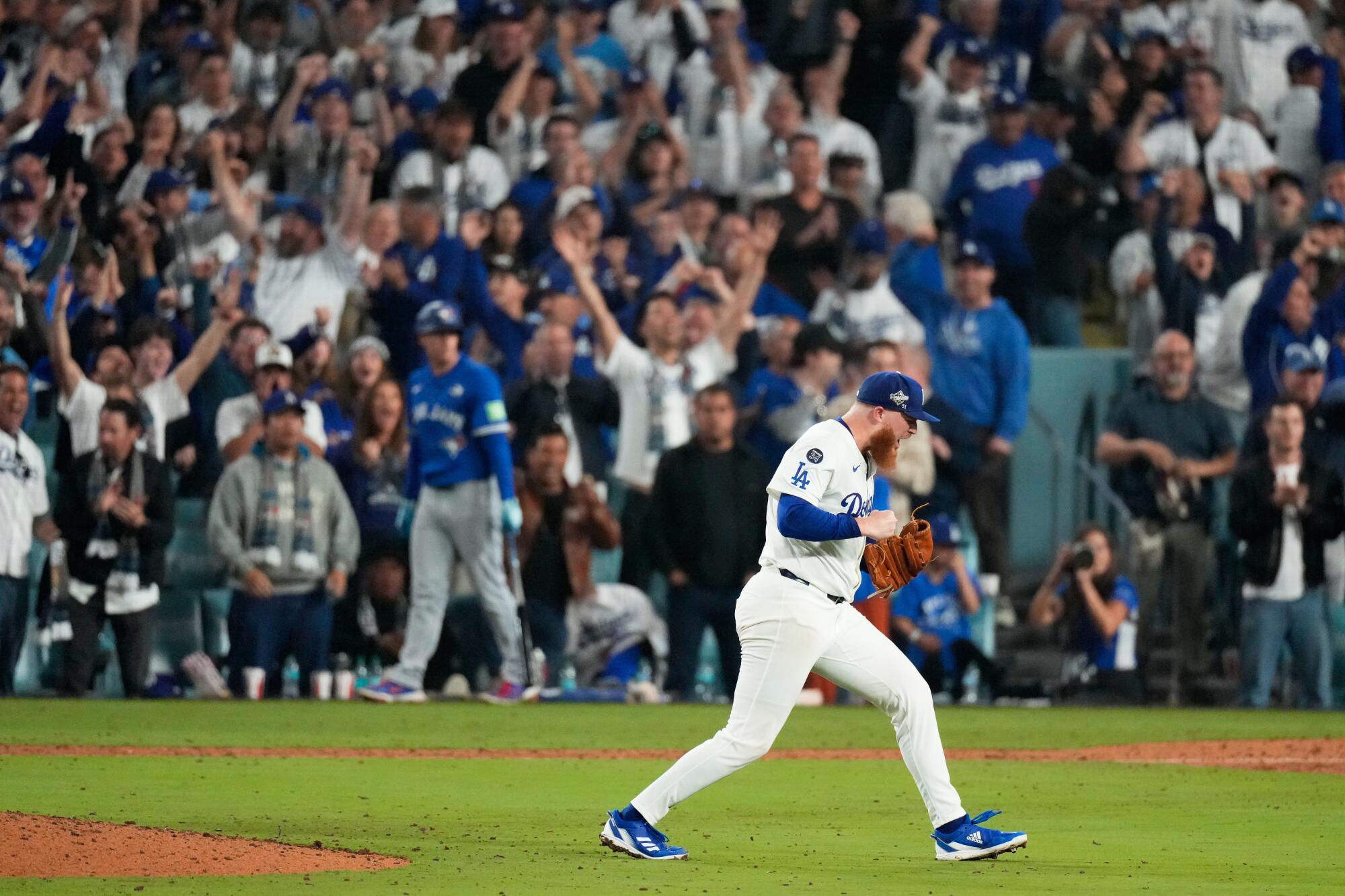 Los Angeles Dodgers pitcher Will Klein celebrates against the Toronto Blue Jays.
