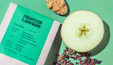 A coffee bag labeled "Painted Leopard," a spoonful of brown sugar, a halved green apple, and scattered cacao nibs rest on a green surface.