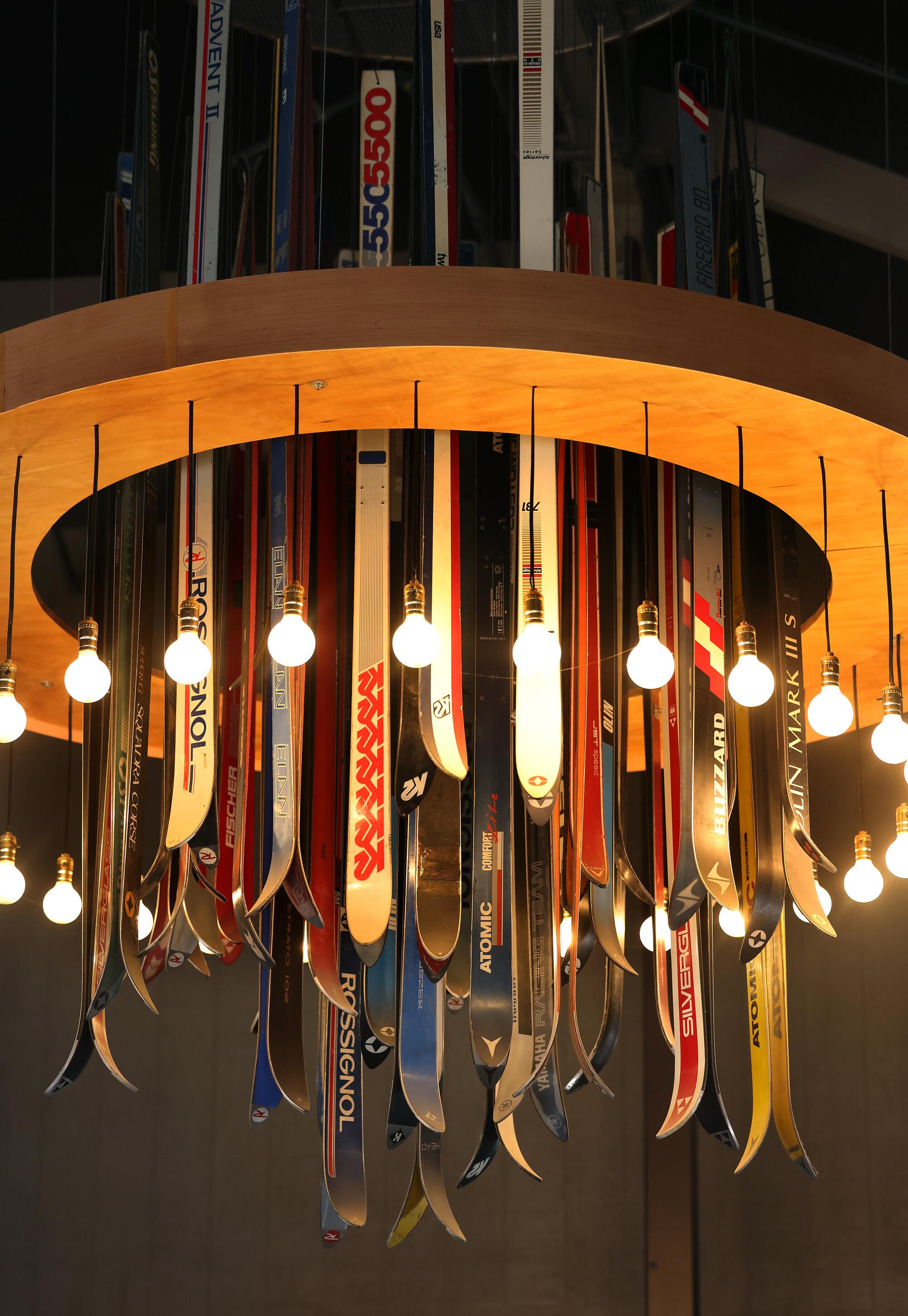 Old skis adorn a light fixture at the Top of the Notch restaurant at Mt. Baldy.